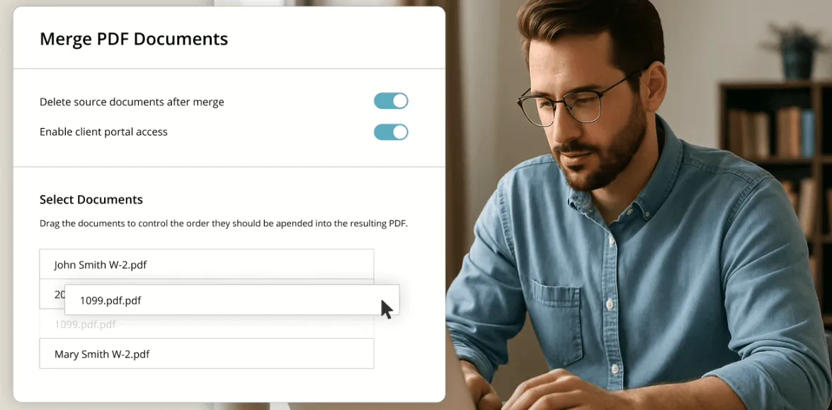 Firm360 merge PDF documents interface with drag-to-reorder