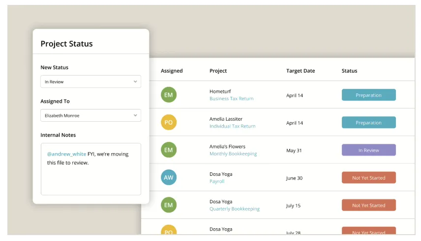 Firm360 project status board showing assigned staff, projects, target dates, and statuses