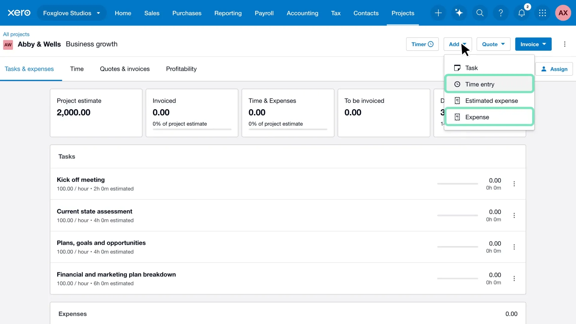 Xero Practice Manager project tracking with tasks and time entry options
