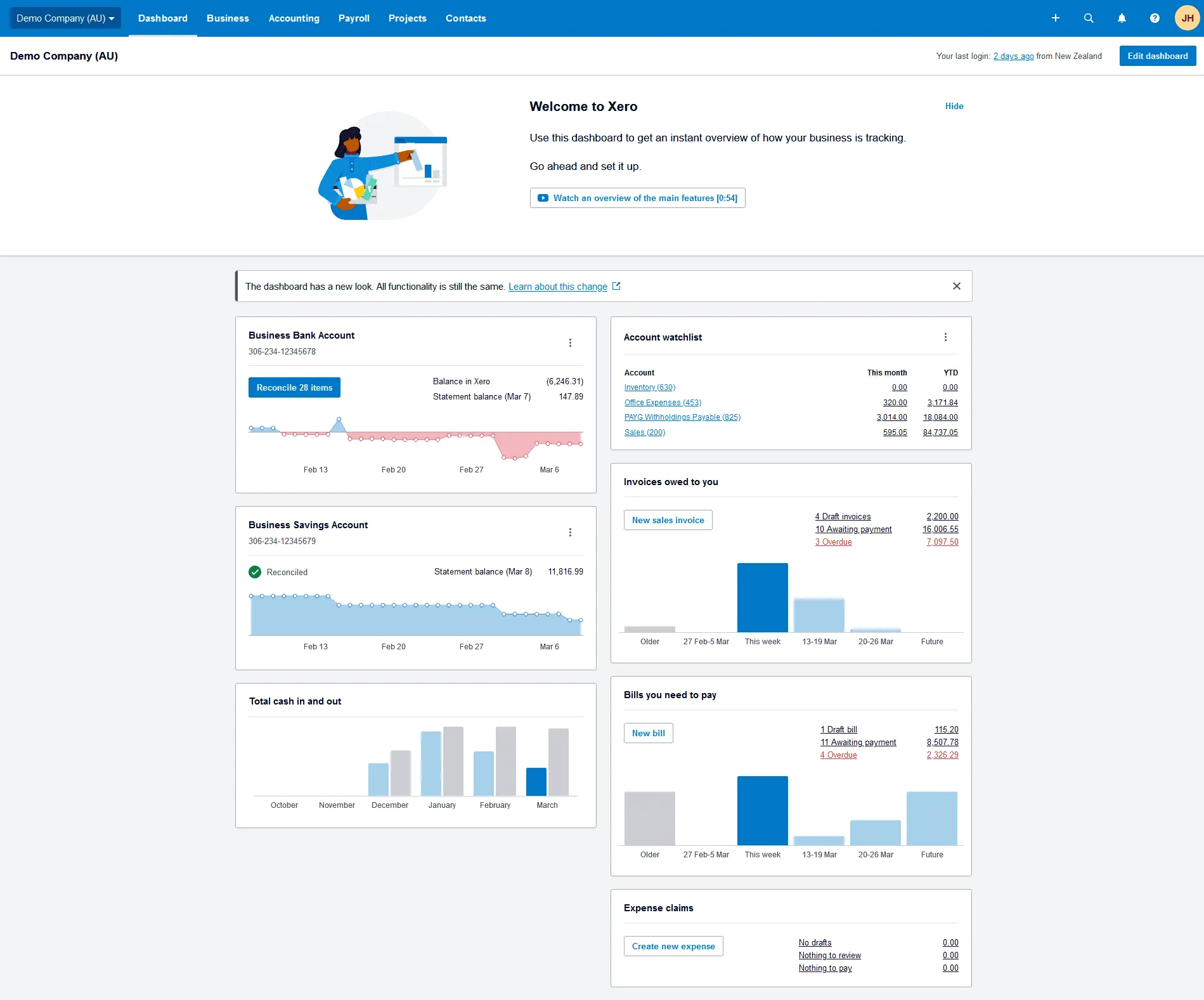 Xero dashboard showing the legacy interface design