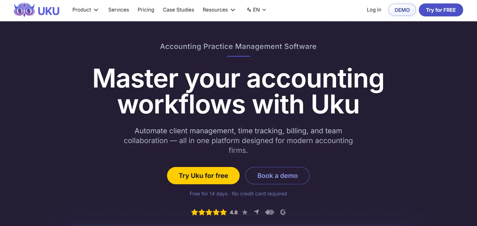 Uku homepage showing master your accounting workflows hero