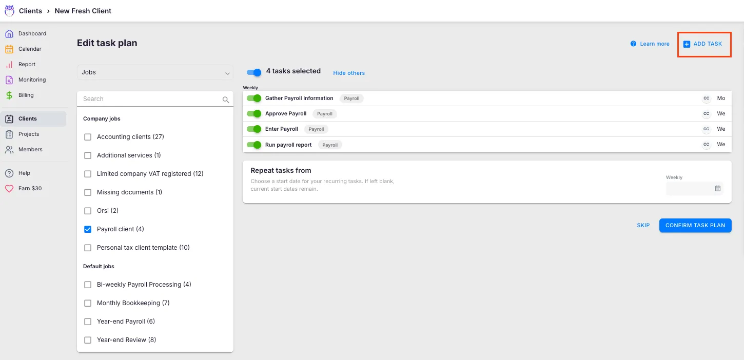 Uku task plan creation UI with company jobs, default jobs, and recurring task setup