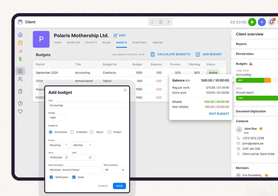 Uku client budgeting with budget ceilings and automatic alerts