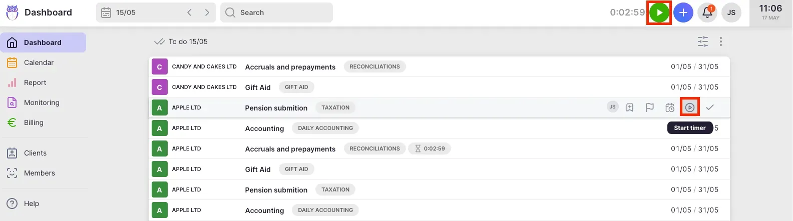 Uku dashboard with time tracking