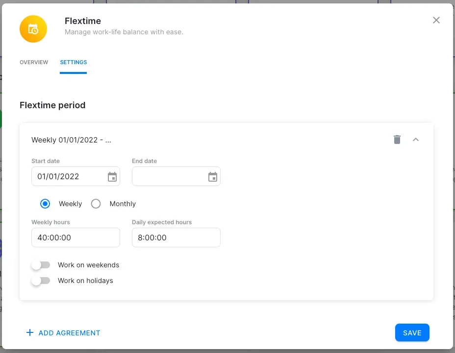 Uku Flextime period configuration modal