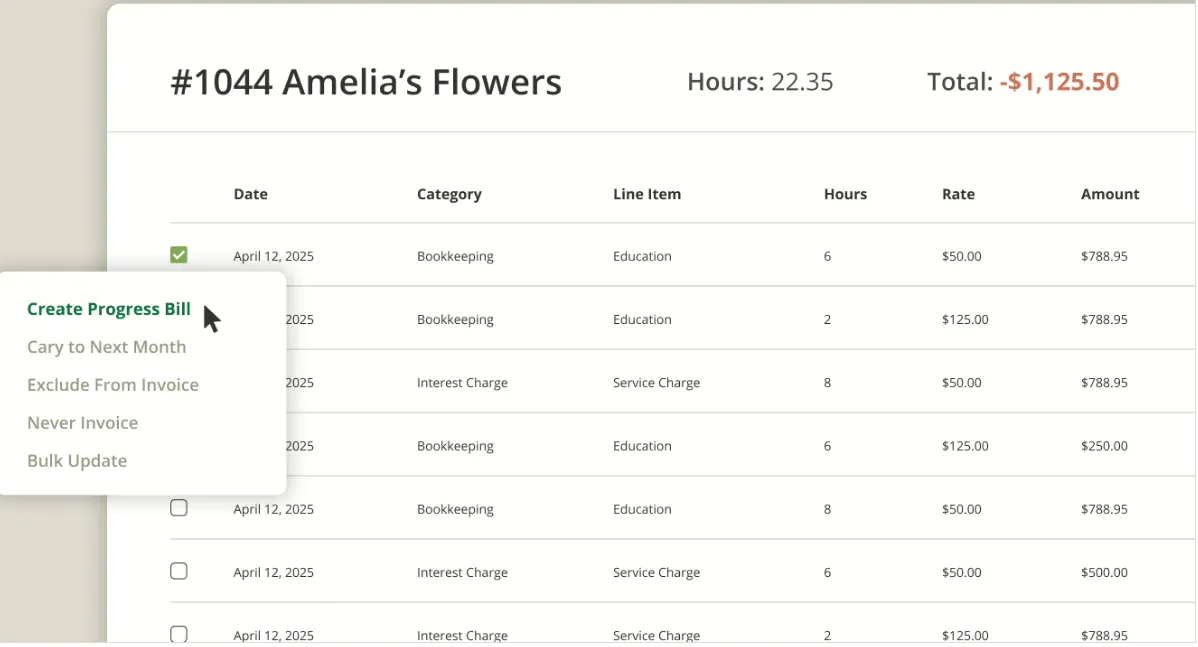 Firm360 invoice with line items, rates, and Create Progress Bill menu