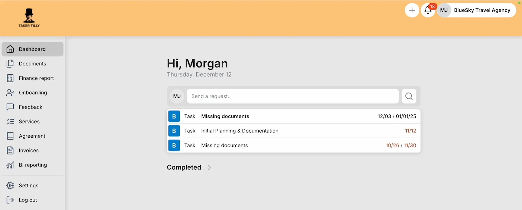 Uku Taker Tally client portal dashboard with tasks list