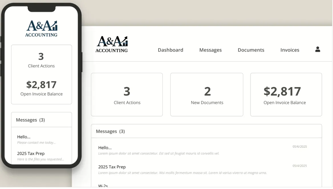 Firm360 branded client portal on mobile and desktop showing open balance and messages