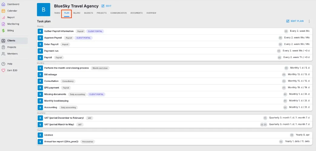 Uku per-client task plan built from a reusable template