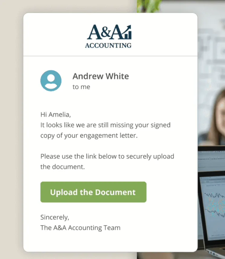 Firm360 secure document upload request email sent to a client