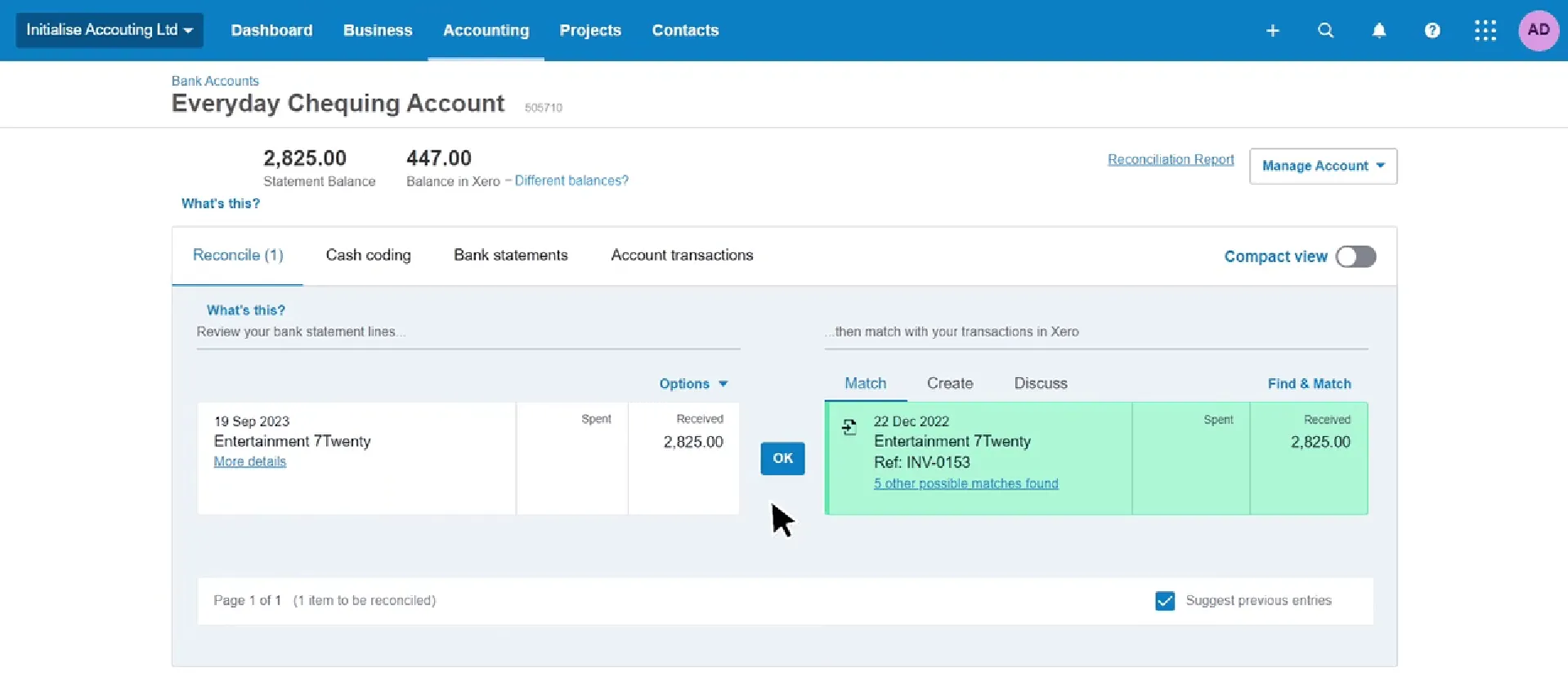 Xero bank reconciliation interface