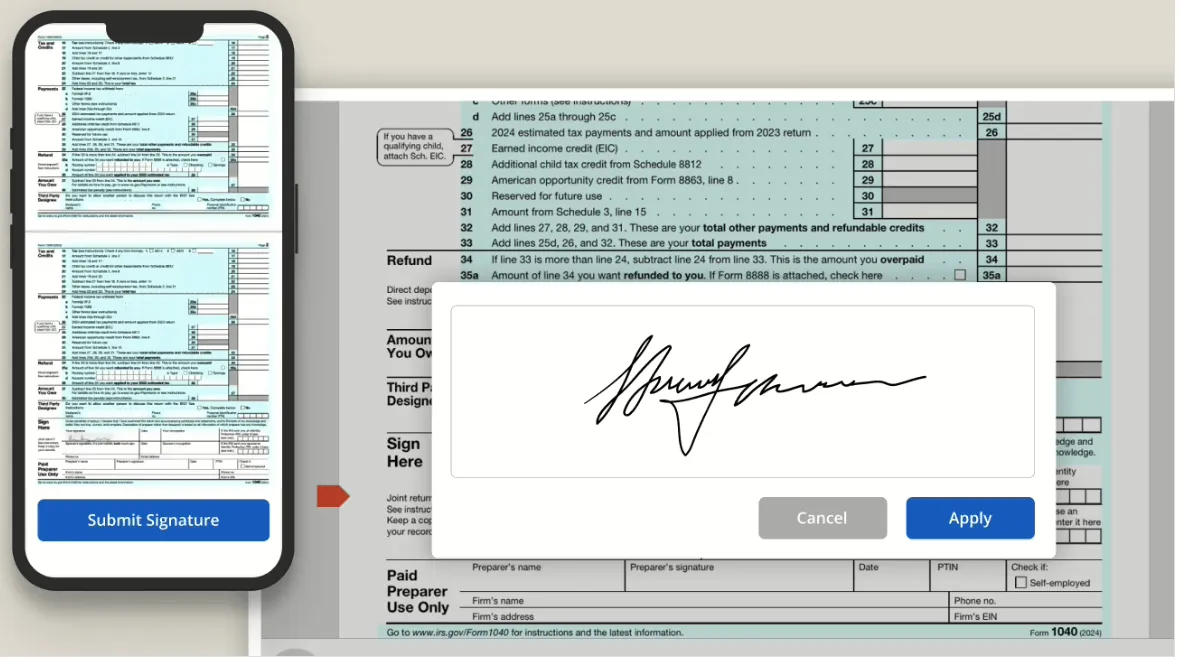 Firm360 e-signature applied to a 1040 tax form on mobile