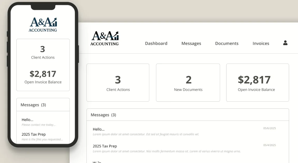 Firm360 branded client portal on mobile and desktop
