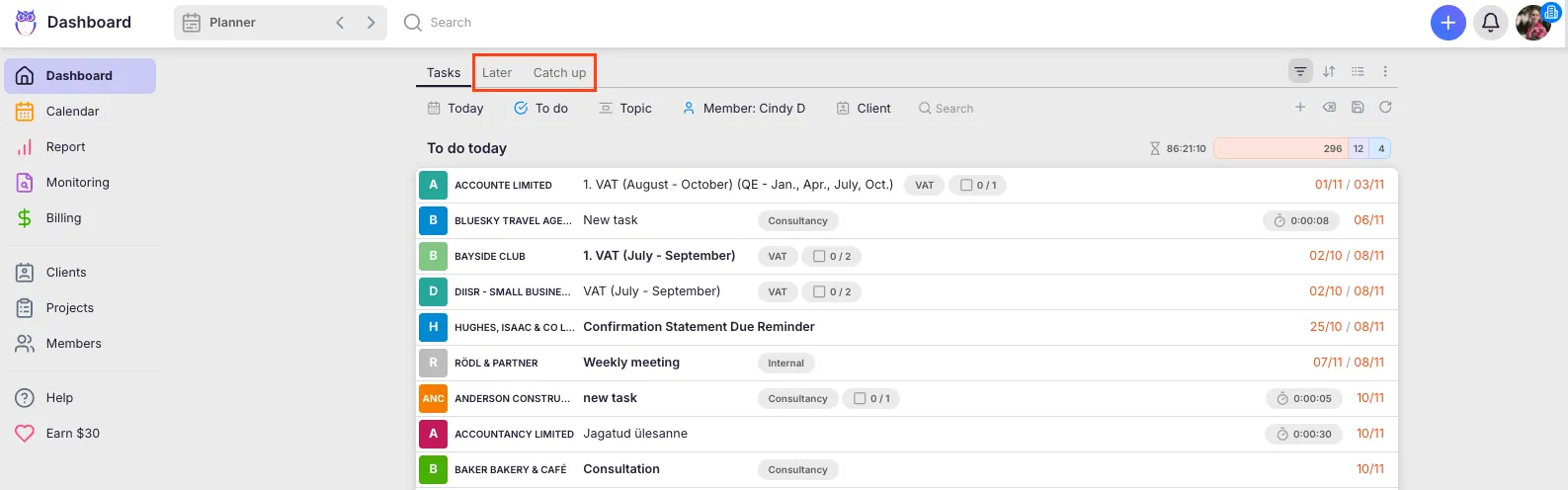 Uku Catch Up dashboard for inbound activity