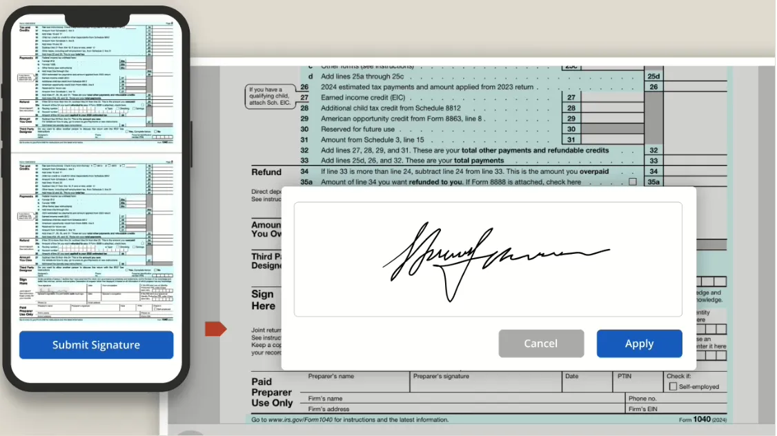 Firm360 e-signature applied to a 1040 tax form on mobile