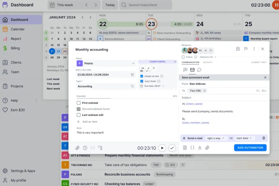 Uku client portal with task-linked communication and automated email setup