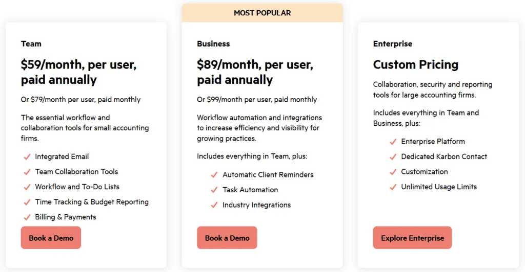 Karbon pricing plans - Team, Business, and Enterprise tiers