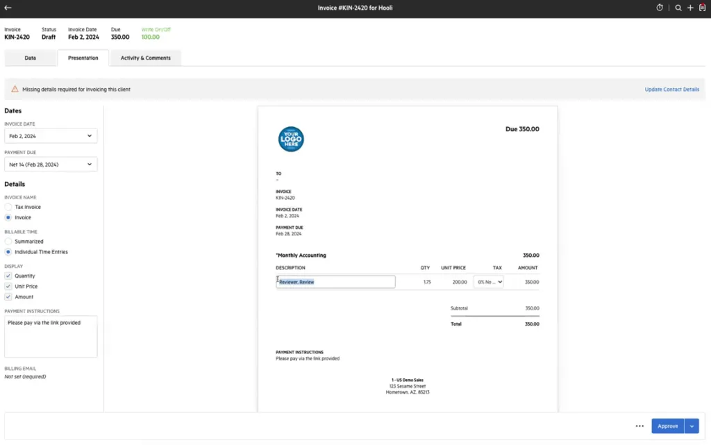 Time tracking and billing integration