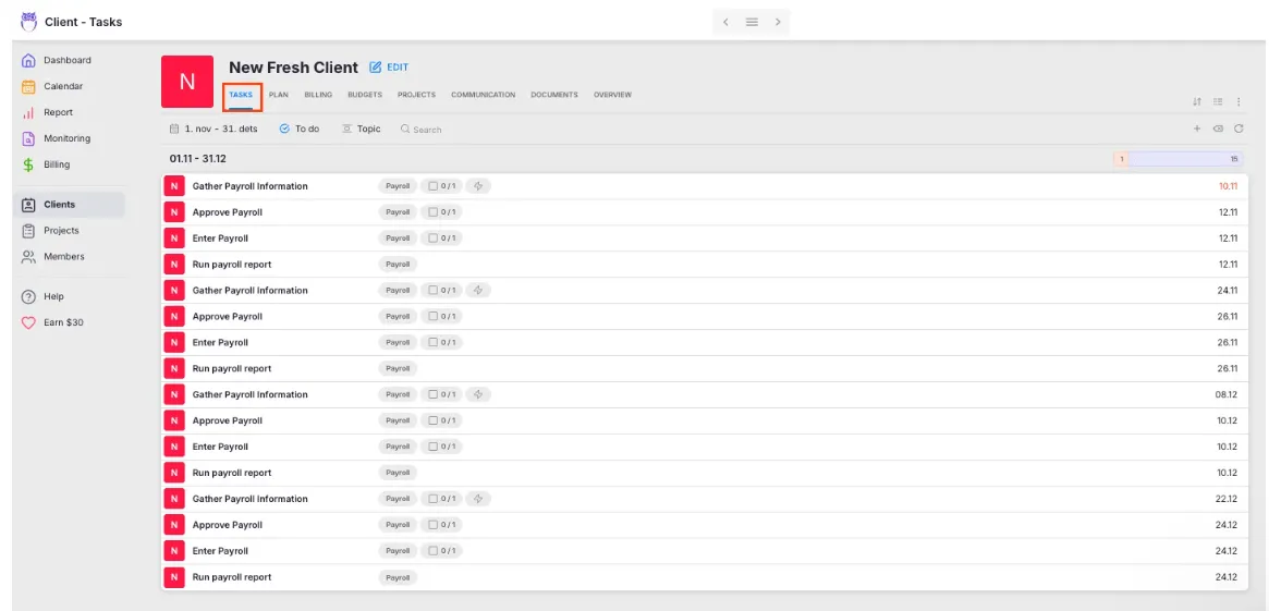 Uku client task list showing recurring payroll work