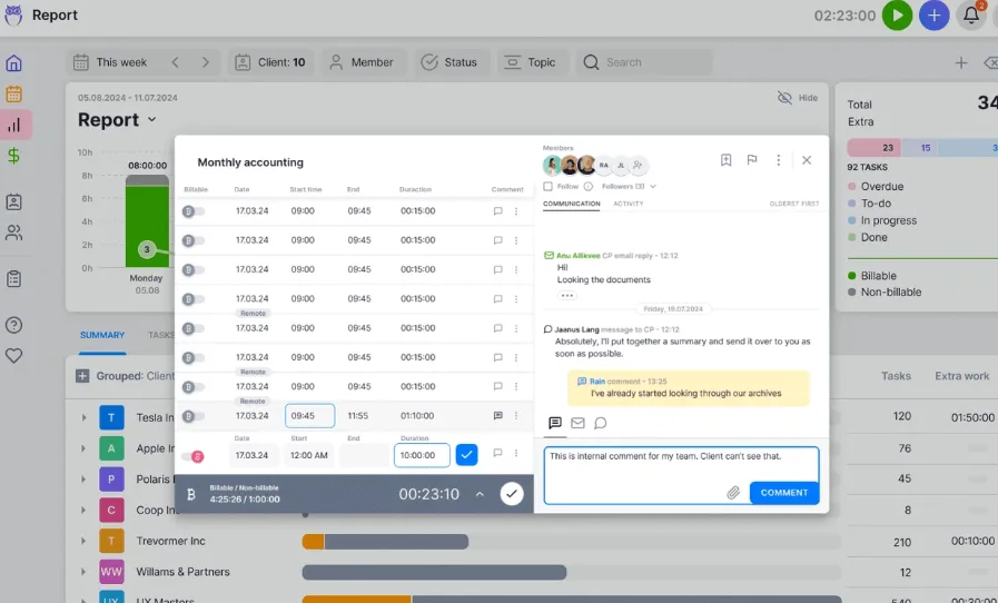 Uku time tracking report with timesheet and threaded team comments