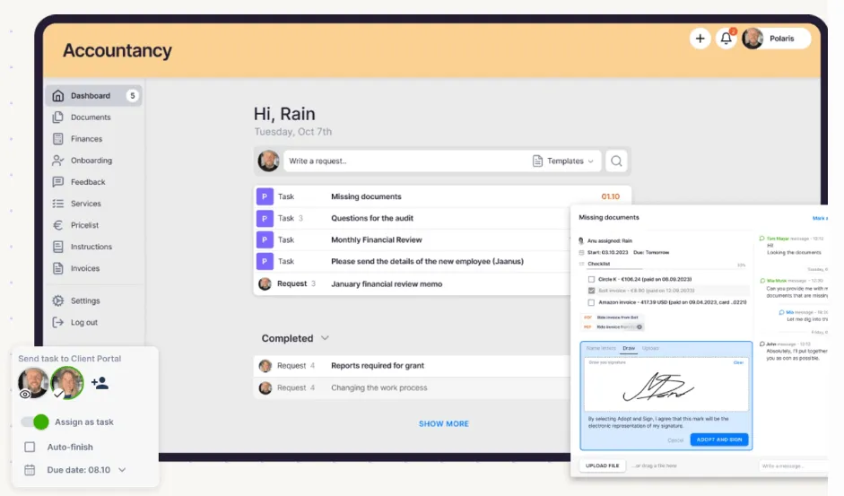 Uku branded client portal showing a client's assigned tasks and document signing