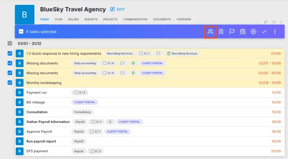 Uku Catch Up view aggregating client tasks and communications