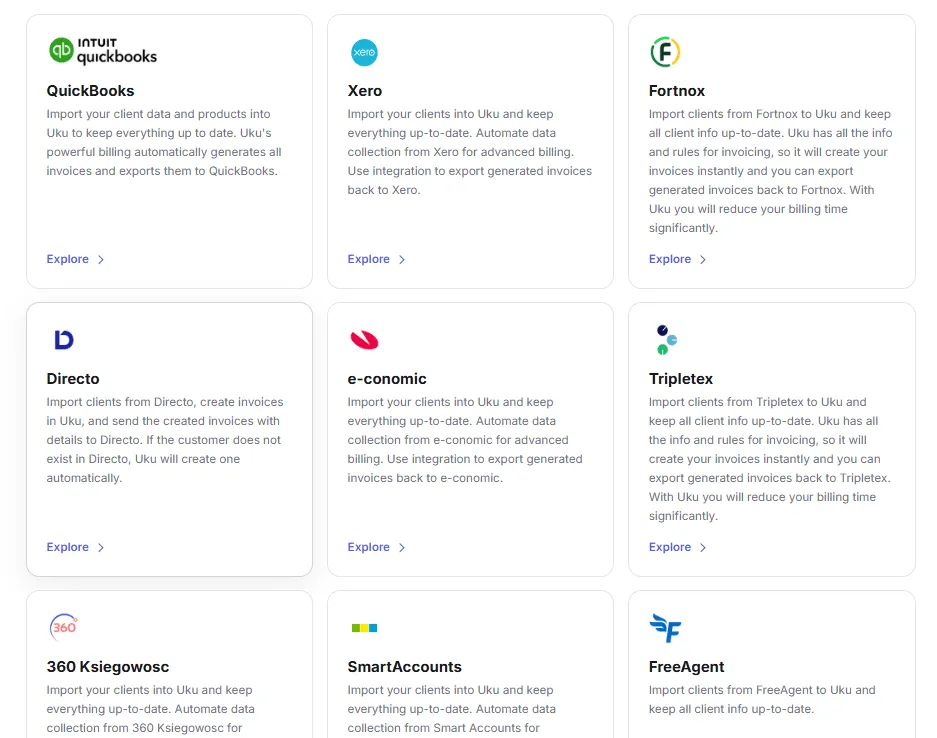 Uku integrations grid: QuickBooks, Xero, Fortnox, Directo, e-conomic, Tripletex, and more