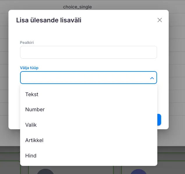ülesande lisavälja valik