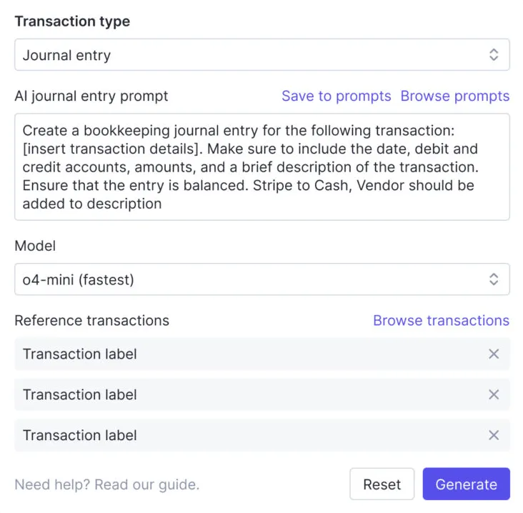 Double AI journal entry prompt builder with model selection and reference transactions