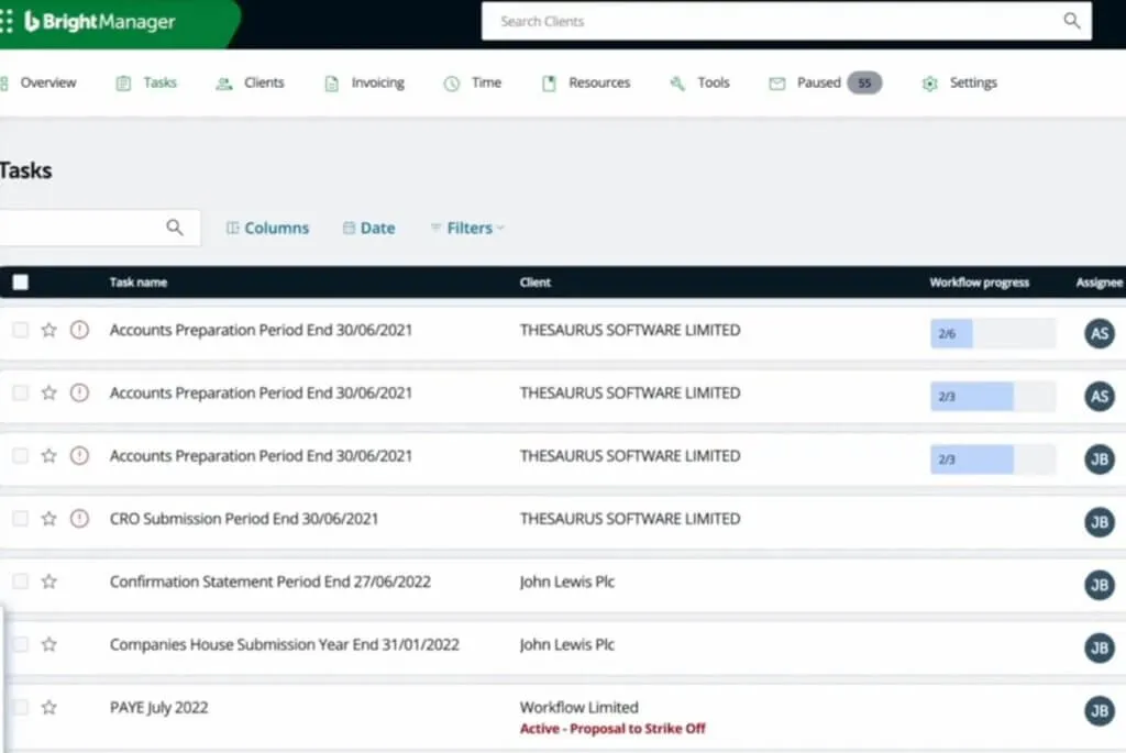 BrightManager list-based workflow view showing task management and compliance-driven job tracking