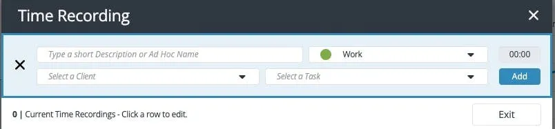 BrightManager time tracking interface with built-in stopwatch and manual time entry options
