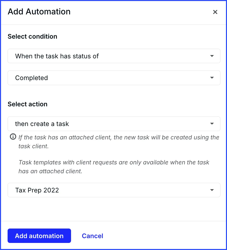 Canopy add automation dialog with condition and action settings