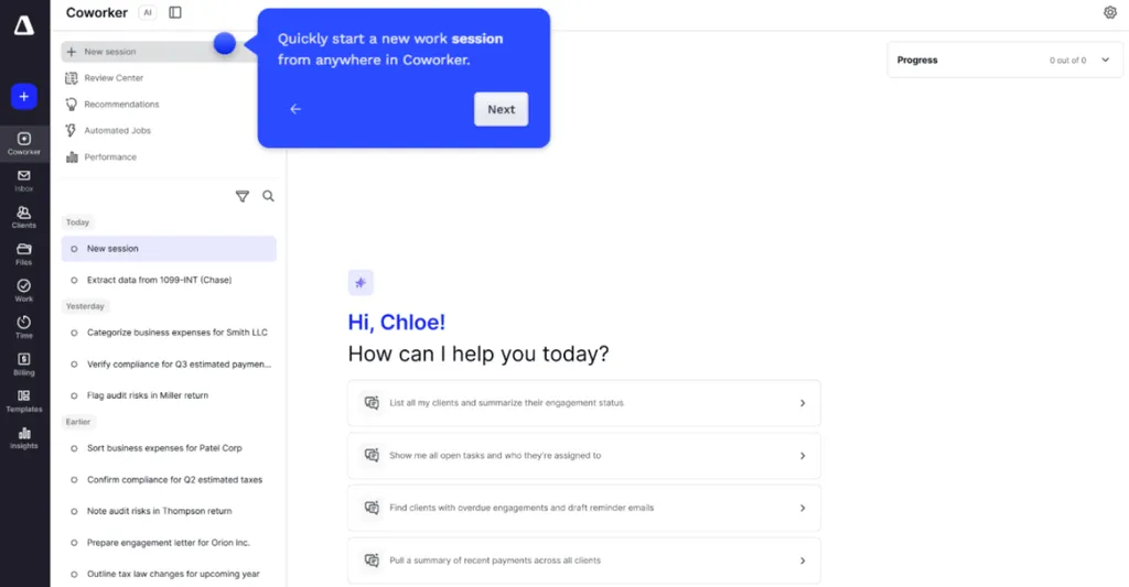 Canopy Coworker AI — a work session that can list clients and engagement status, show open tasks and assignees, or draft reminder emails for overdue engagements