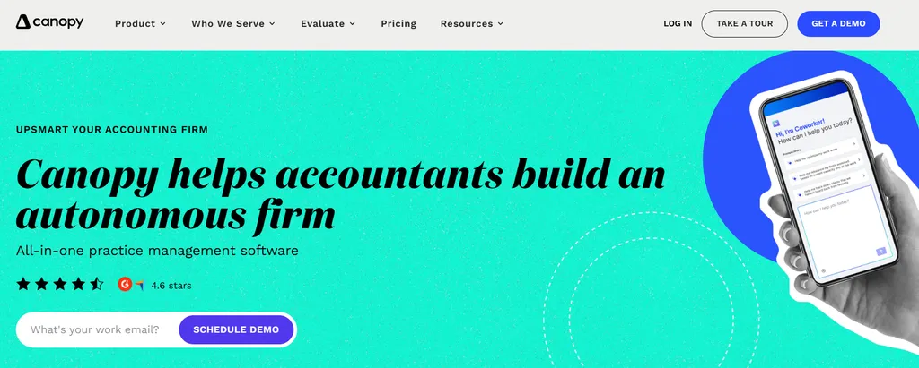 Canopy homepage — Canopy helps accountants build an autonomous firm, with the Coworker AI assistant shown on a phone