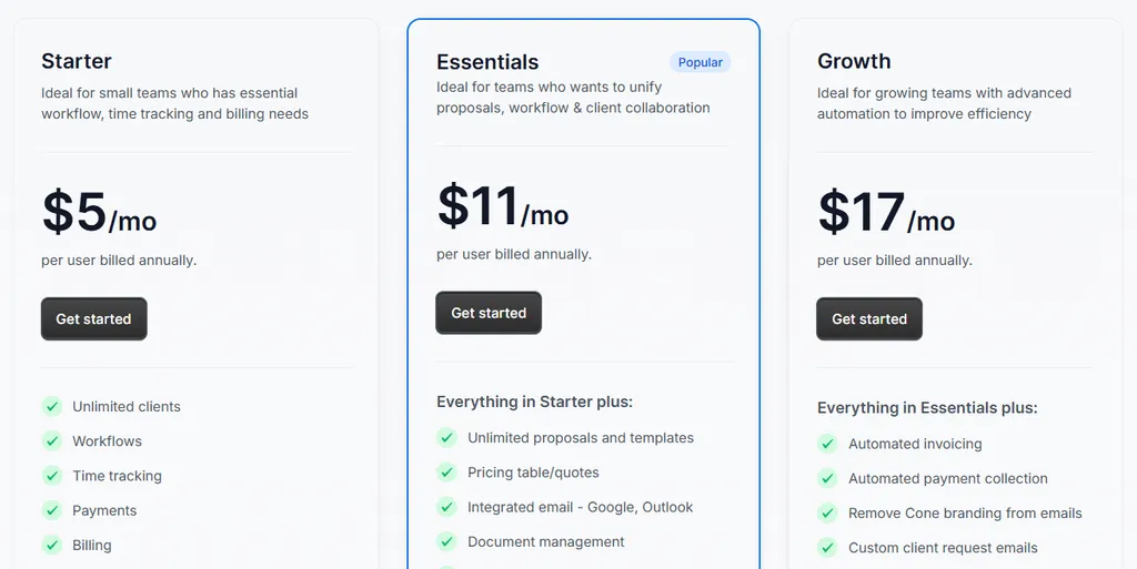 Cone pricing — Starter, Essentials, and Growth plans