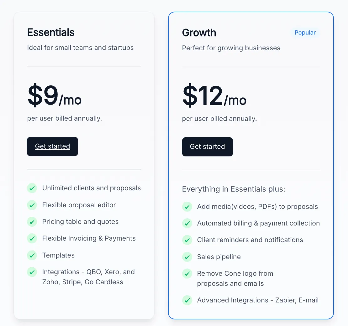 Cone pricing page