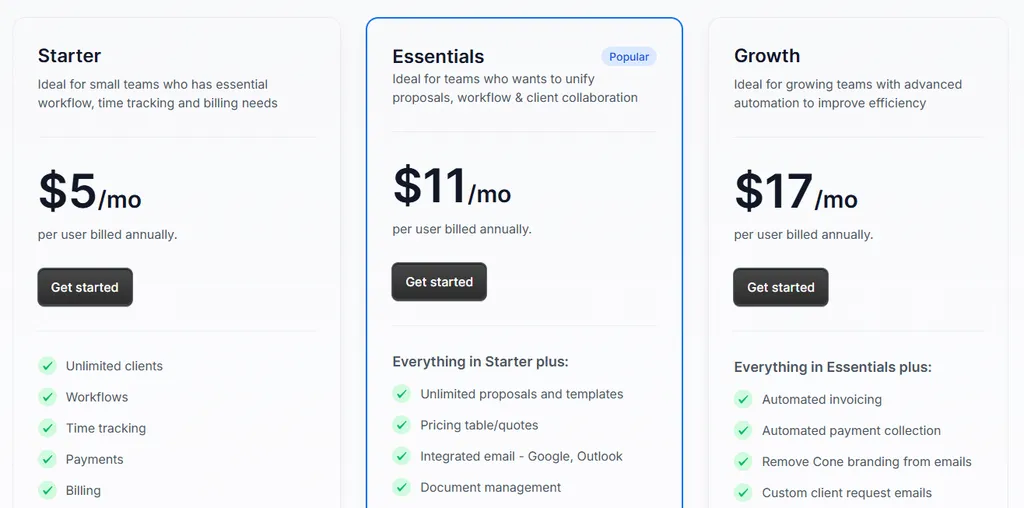 Cone Starter, Essentials, and Growth pricing tiers from $5/user/month