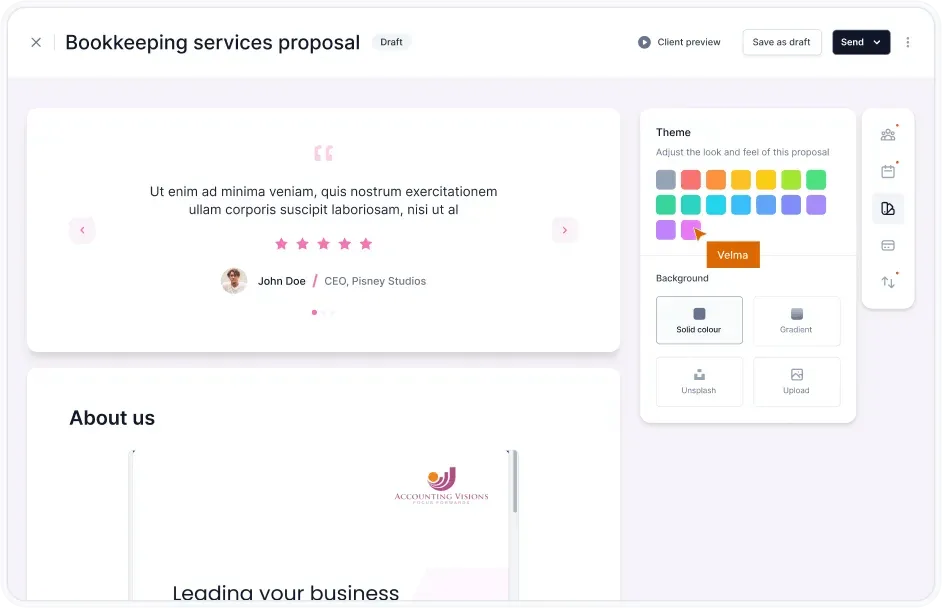 Cone drag-and-drop proposal editor with theme customization