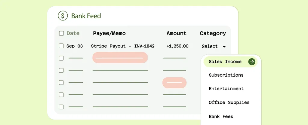 Double AI Bank Feeds — a bank feed row for a Stripe payout with a category picker suggesting Sales Income ahead of subscriptions, entertainment and office supplies
