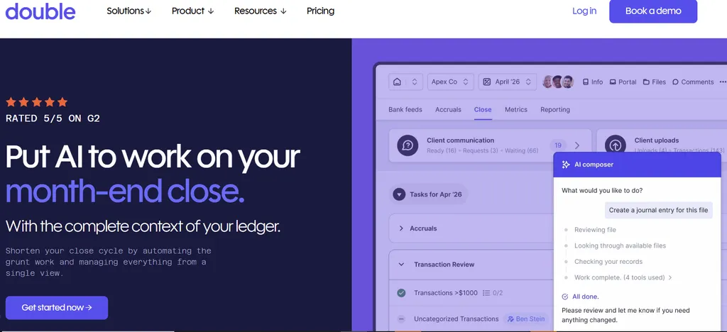 Double homepage — put AI to work on your month-end close, with the close dashboard and an AI composer creating a journal entry from a file