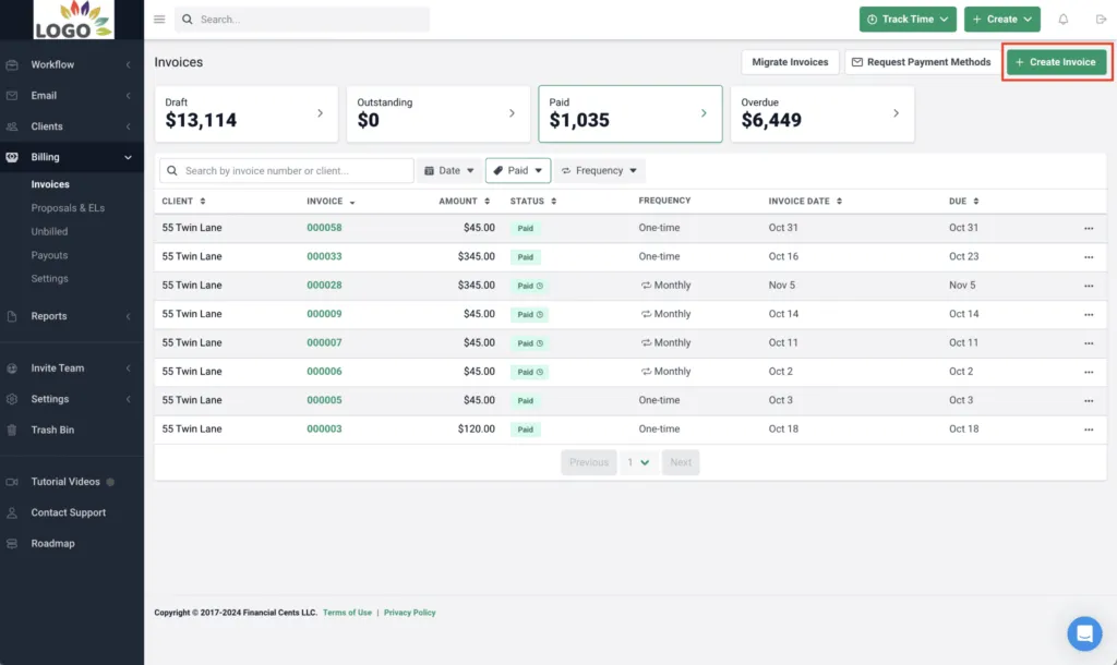 Financial Cents basic invoicing connected to time tracking