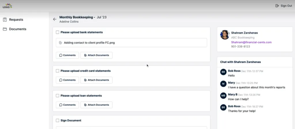 Financial Cents client portal with passwordless access and document requests