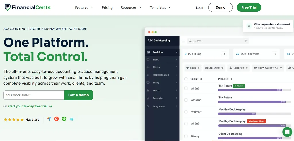 Financial Cents homepage — one platform, total control, with a workflow dashboard of client projects and completion bars