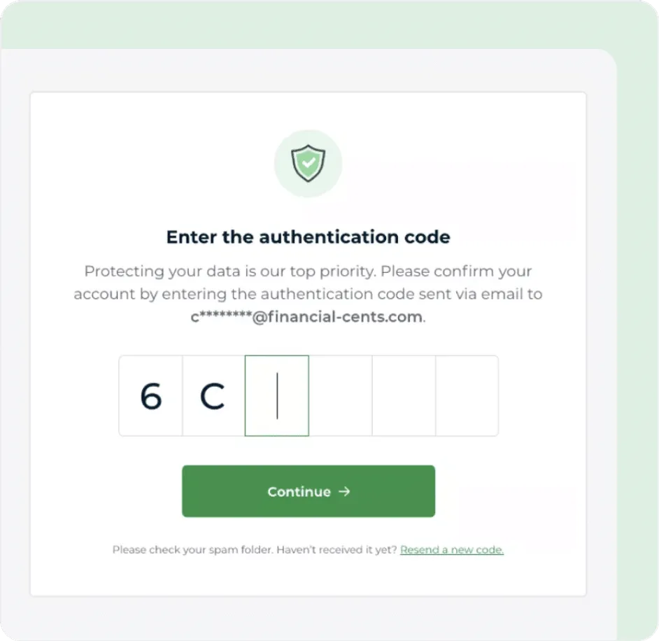 Financial Cents passwordless sign-in — a six-box authentication code screen confirming the client by emailed code instead of a password