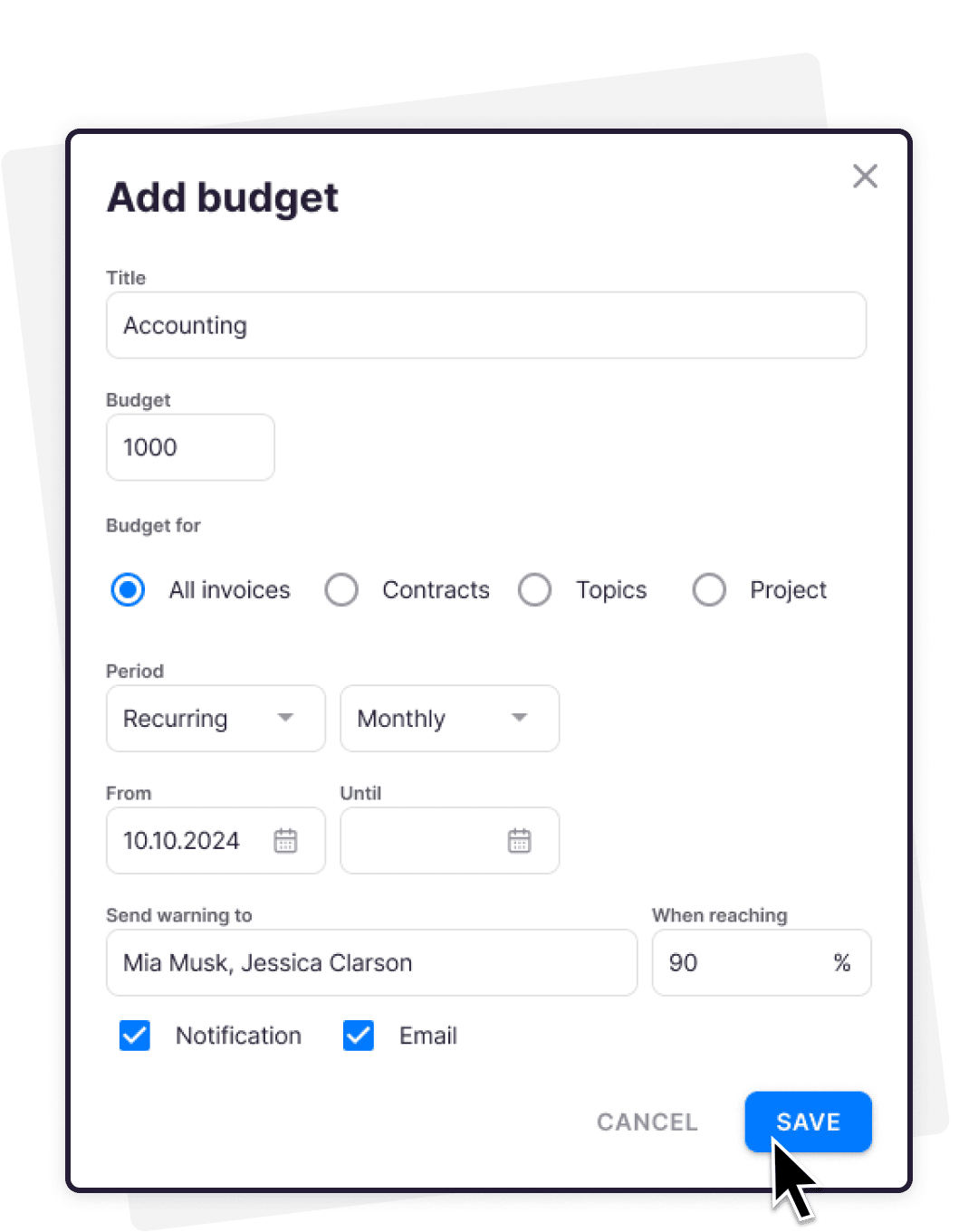 Uku add budget dialog showing budget types: all invoices, contracts, topics, and project
