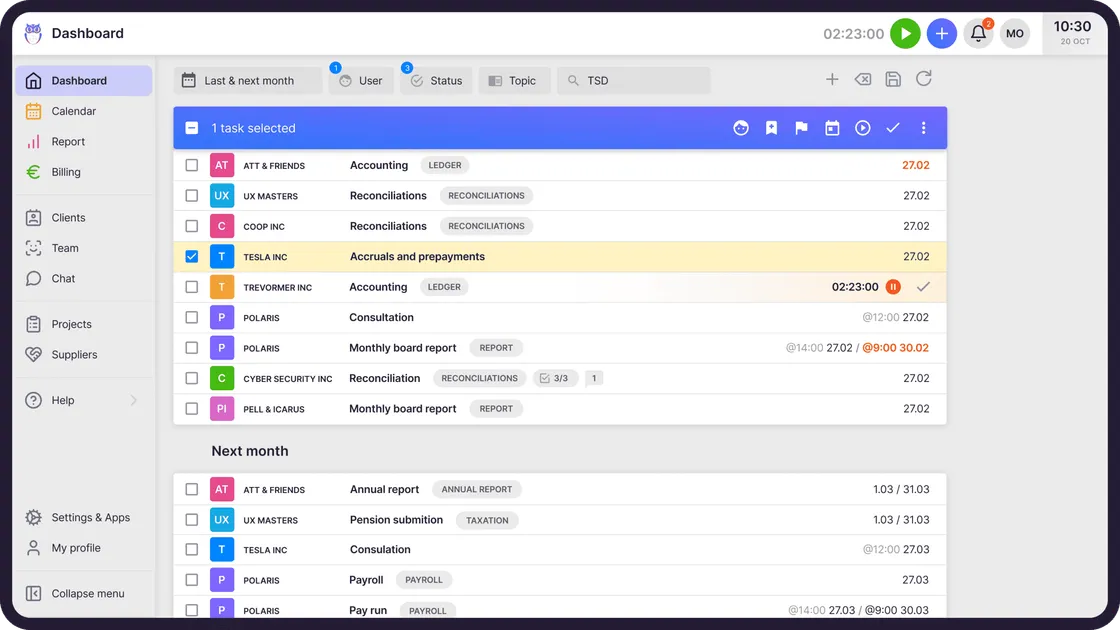 Uku task dashboard showing who is doing what and deadlines per client