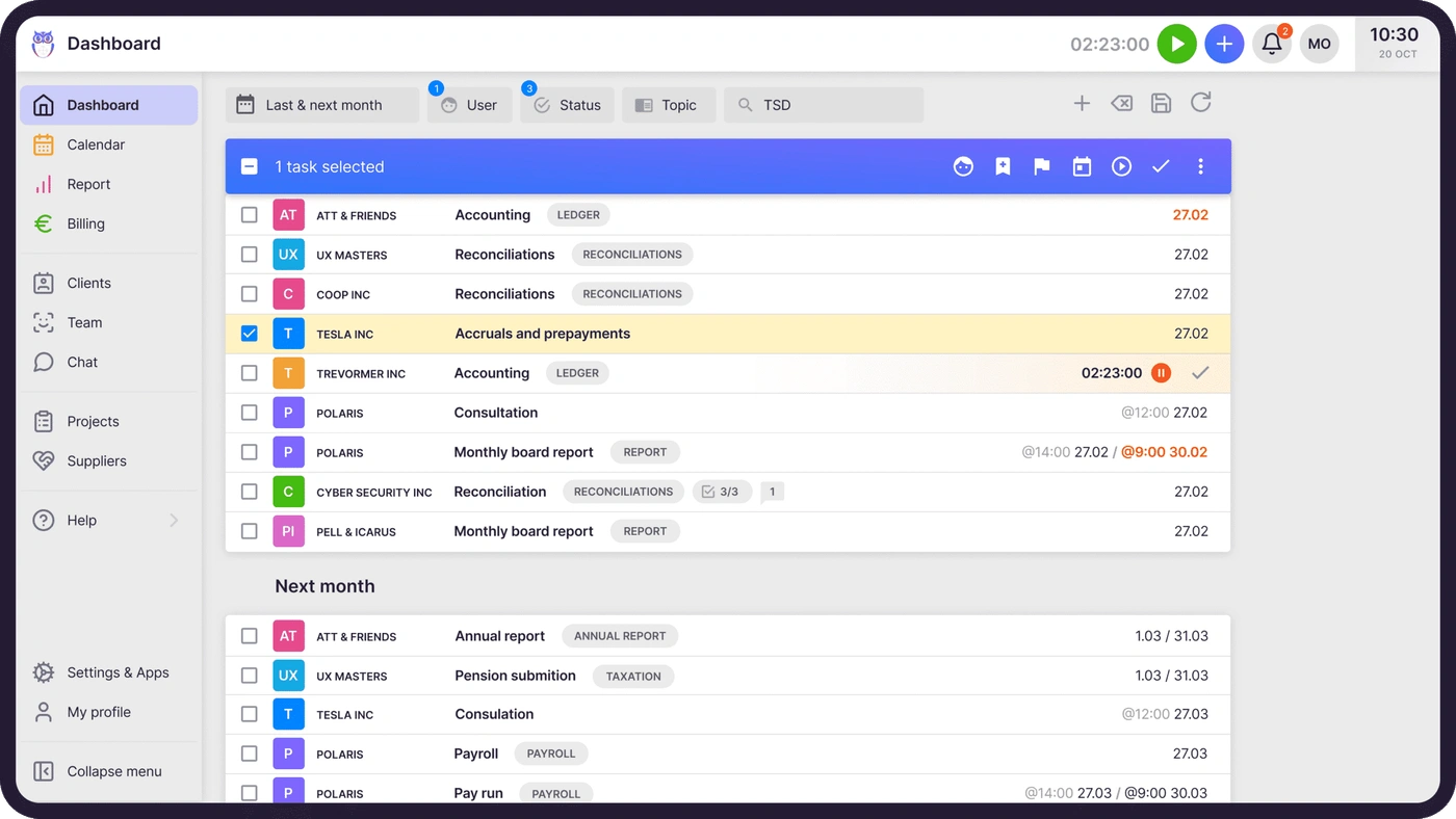 Uku task management dashboard for accountants — daily task plan with calendar view