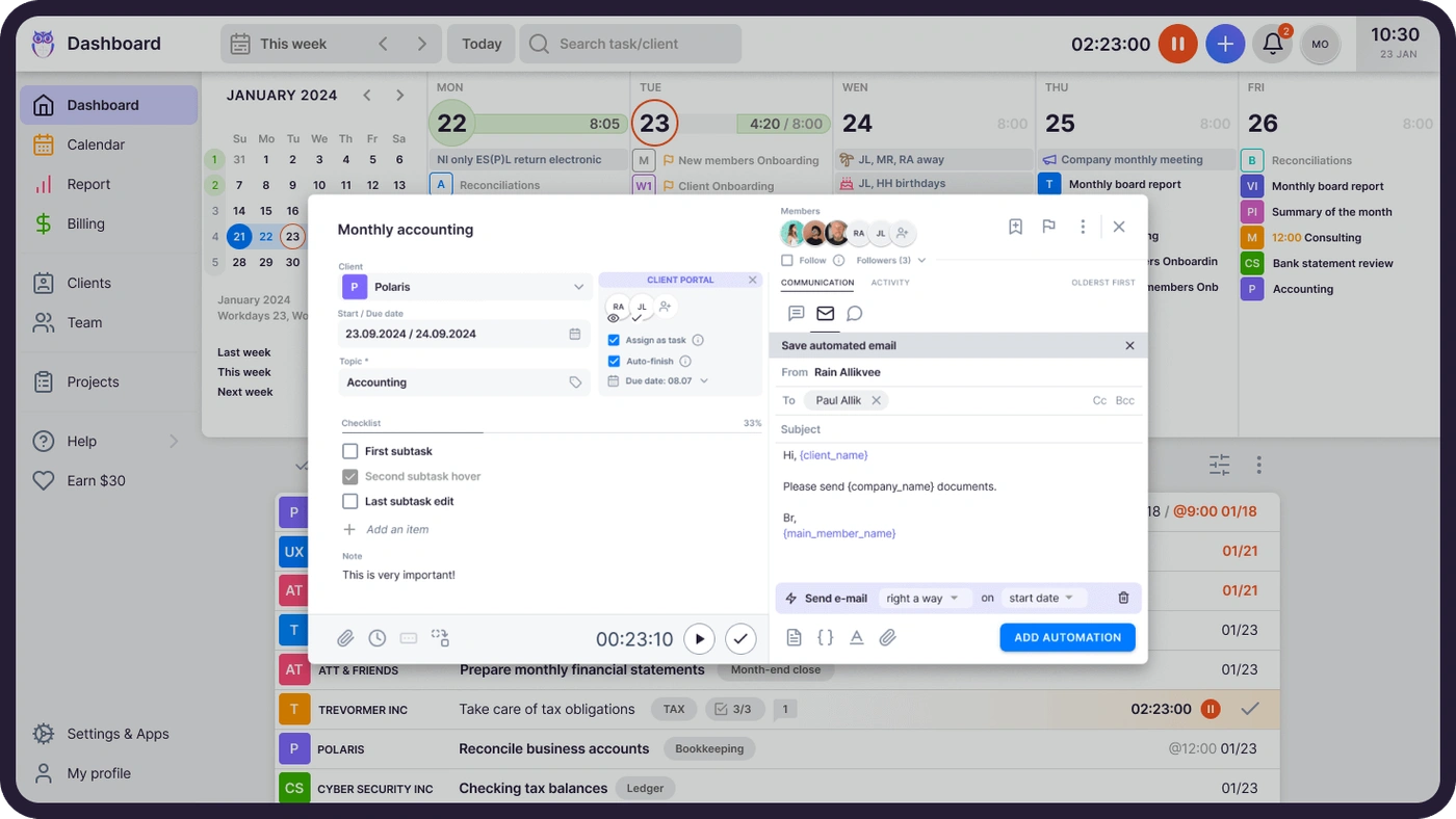 Uku email management — automated emails and client communication timeline