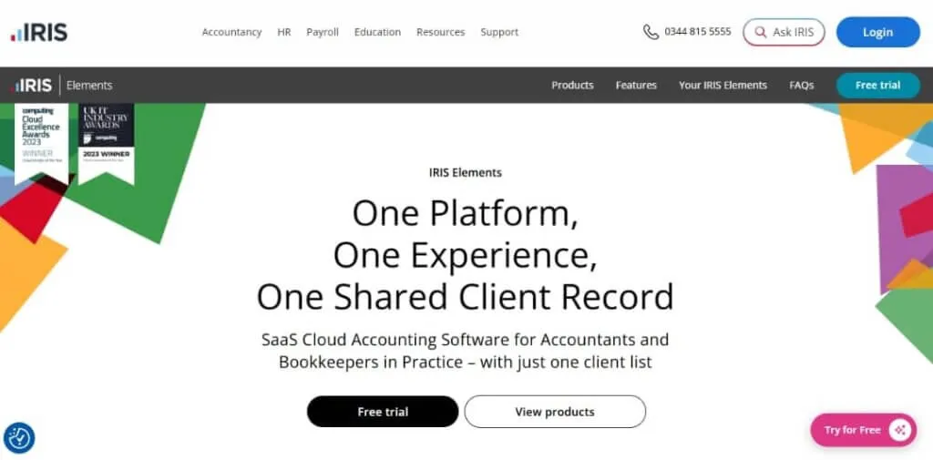 IRIS Elements practice management dashboard showing compliance workflow and accounts production modules