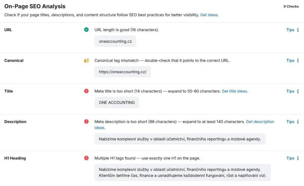 SEO audit tool showing meta tag issues on an accounting firm website.